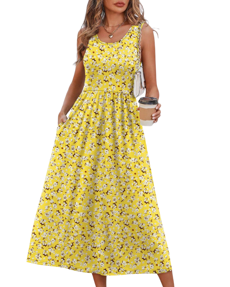 Jensy Midi Dress for Women – Flowing A-Line Dress with Pockets, Empire Waist & Elegant Summer Cut