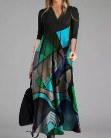 Robe Femme Nina – Elegant Flared Dress with Long Sleeves with Color Block Pattern & Refined Pleats