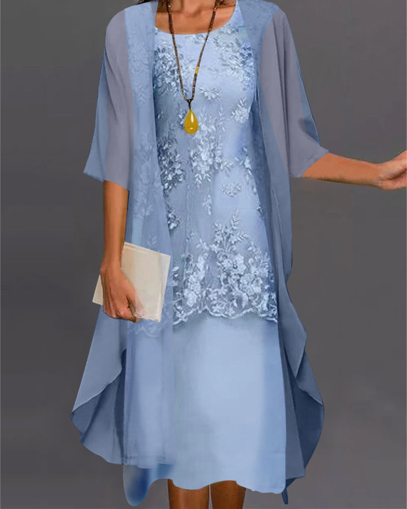 Ensemble Dress Woman Rishta – Elegant Two-Piece Dress in Chiffon with Lace, Patchwork & 3/4 Sleeves