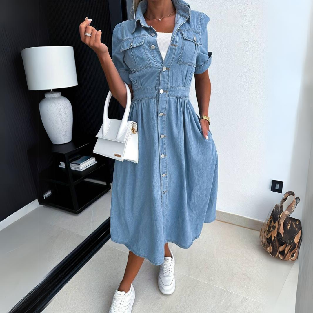 Eloise Jean Dress Women – Blue Cotton Shirt Dress Light with Fitted Cut