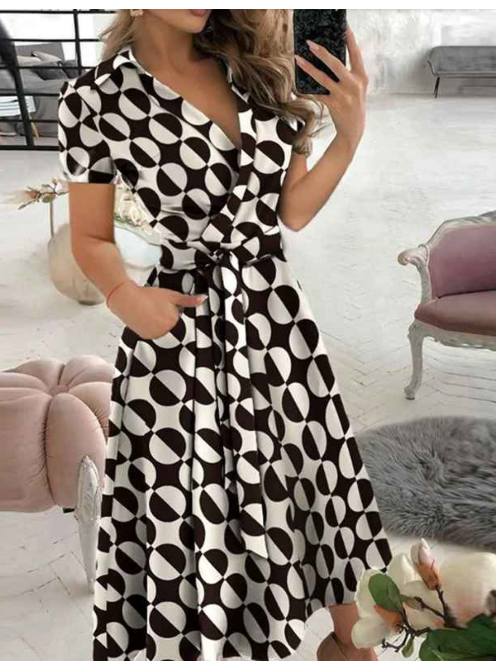 Lucia Robe Femme – Dress with Geometric Print with Waist Belt and Airy Cut for Every Moment