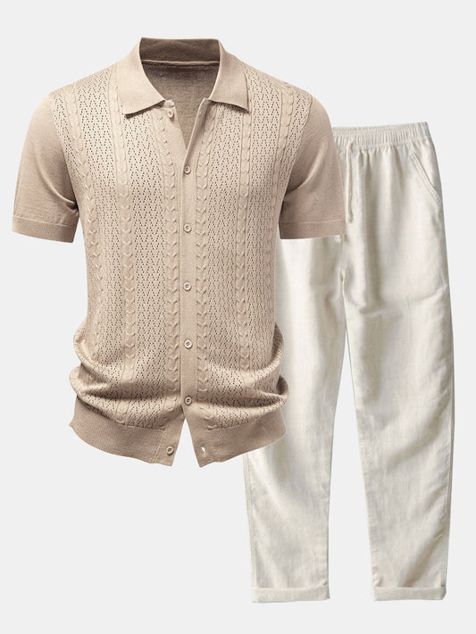 Twisted Jacquard Button Up Knit Shirt & Straight Leg Linen Pants
