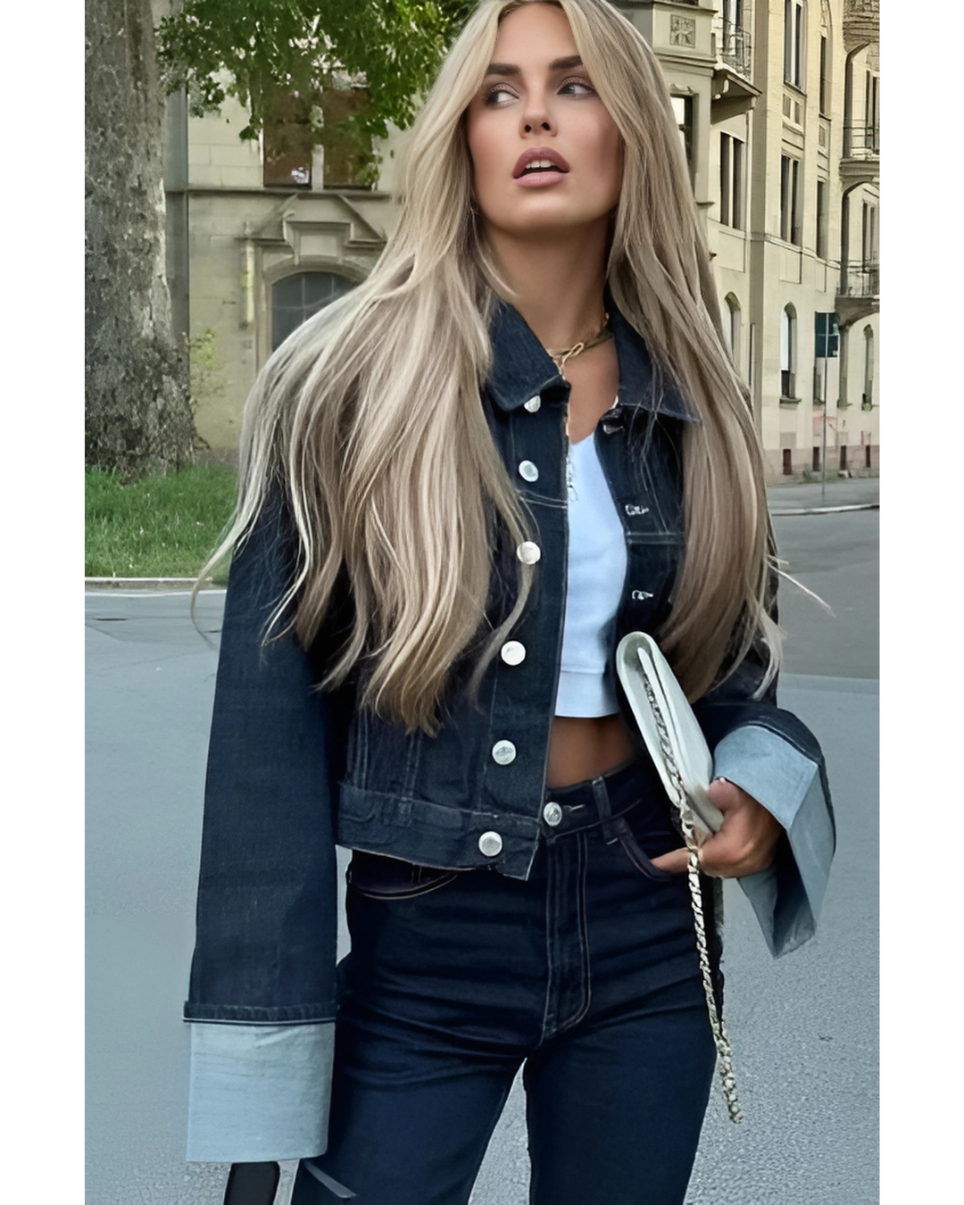 Bea Denim Set Women – Short Jacket & Wide Jeans with Contrasting Cuffs for a Trendy Look