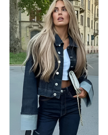 Bea Denim Set Women – Short Jacket & Wide Jeans with Contrasting Cuffs for a Trendy Look