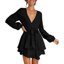 Cléo Short Women's Dress – Flared Dress with V-Neck, Belt & Long Sleeves