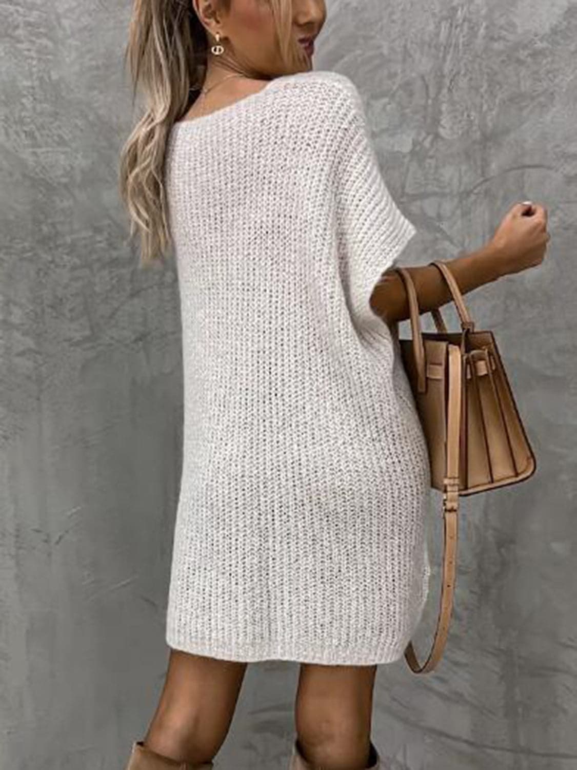 Francesca Knitted Dress for Women – Soft Knit with V-Neck, Relaxed Fit, Short Sleeves and Front Pockets