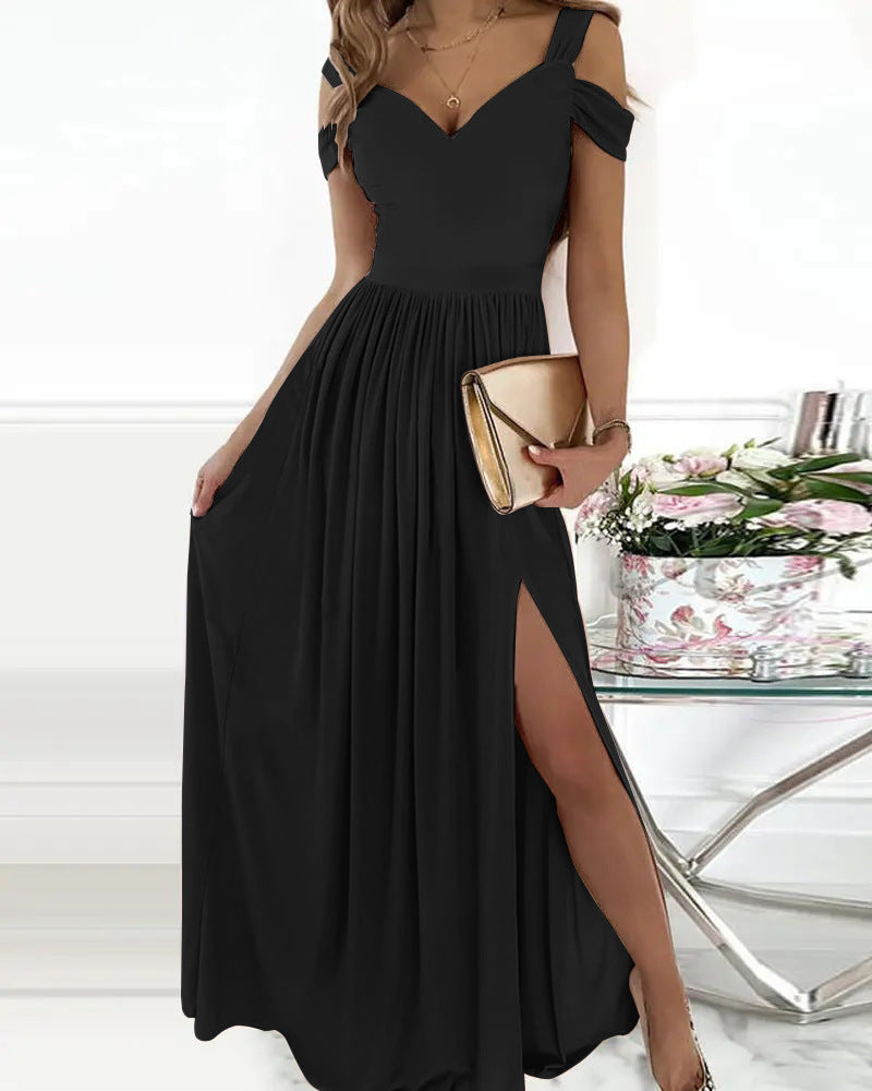 Antonella Elegant Long Dress Woman – Off-Shoulder Dress with Floral Pattern & Chic Slit