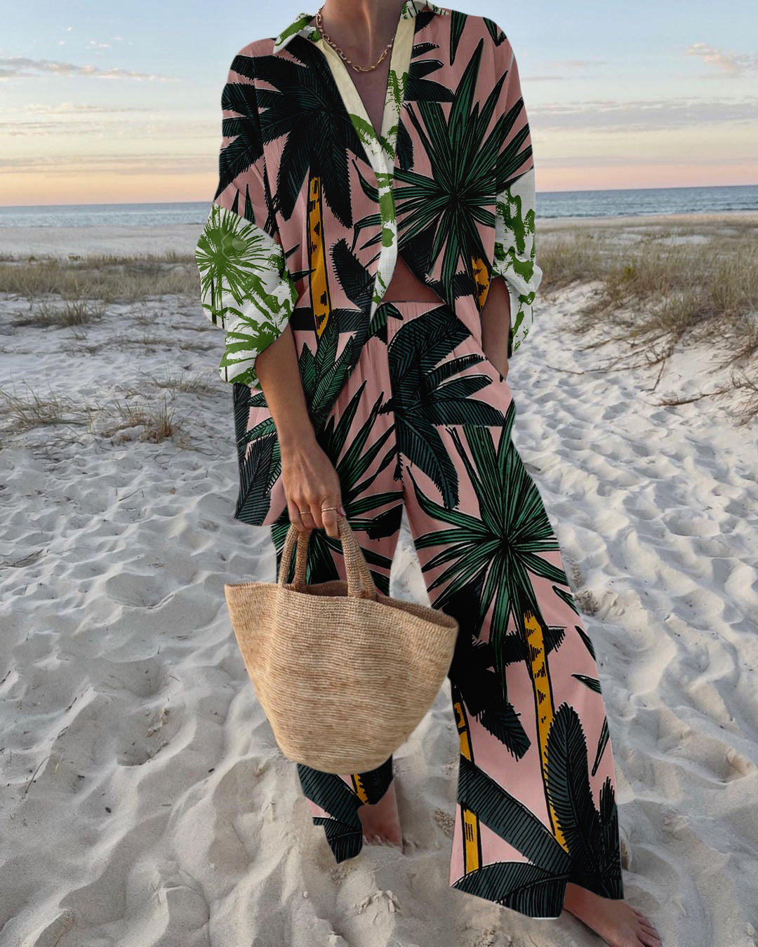 Chelsea Summer Set Women – Lightweight Cotton Coordinated with Tropical Palm Print & Relaxed Fit