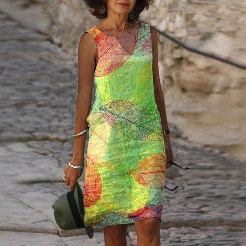 Liorah Summer Dress Women – Sleeveless Dress with Autumn Print, V-Neck & Elegant Flared Cut