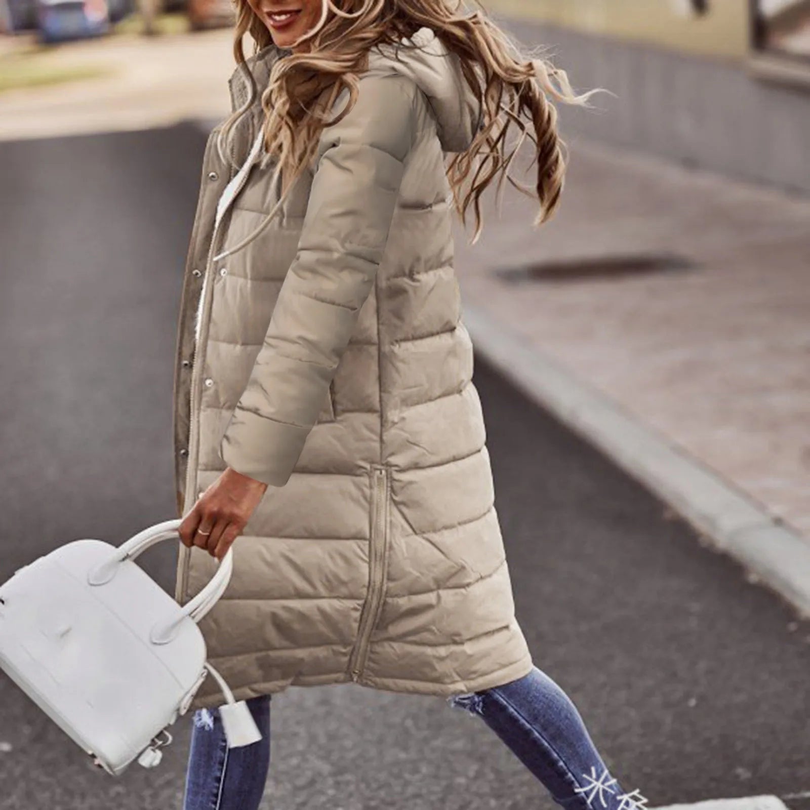 Evie Long Down Jacket Women – Warm Winter Coat with Hood & Slim Lightweight Cut
