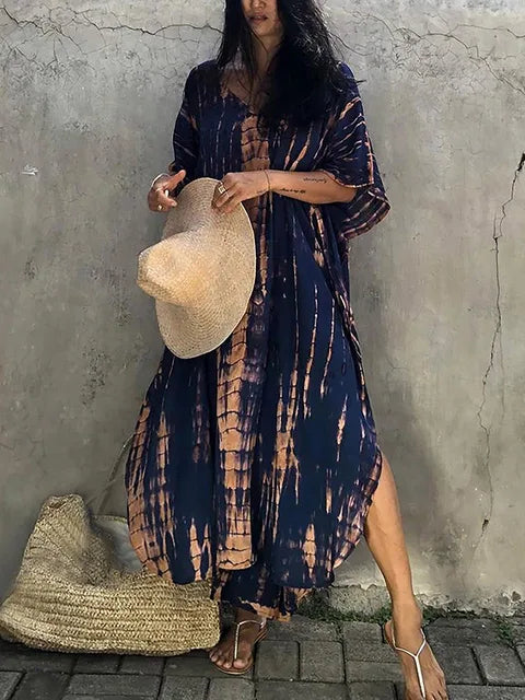 Camille Robe Kaftan Woman - Total Length, Loose Fit, V Neck - Bohemian Tie-Dye Style for Summer