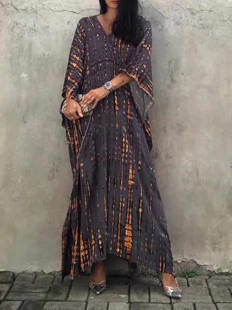 Camille Robe Kaftan Woman - Total Length, Loose Fit, V Neck - Bohemian Tie-Dye Style for Summer