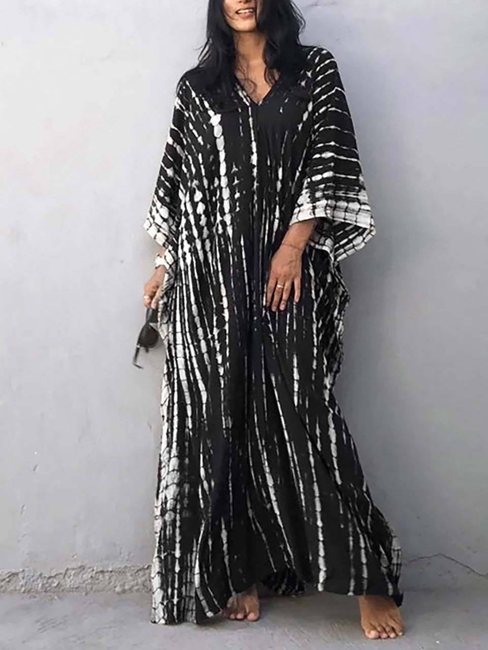 Camille Robe Kaftan Woman - Total Length, Loose Fit, V Neck - Bohemian Tie-Dye Style for Summer