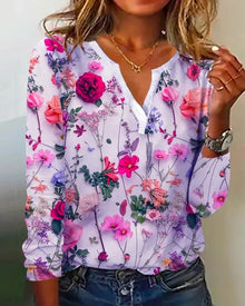 Clea Blouse Woman – Light Boho Top with V-Neckline, Long Sleeves & Floral Print