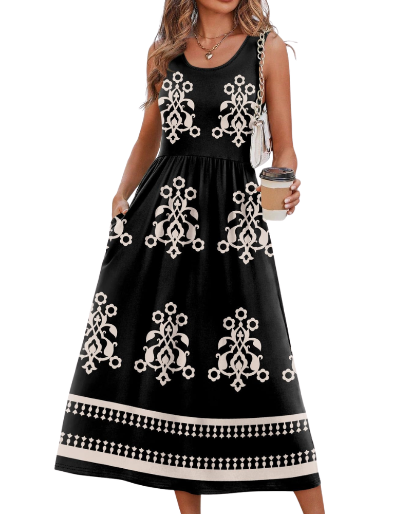 Jensy Midi Dress for Women – Flowing A-Line Dress with Pockets, Empire Waist & Elegant Summer Cut