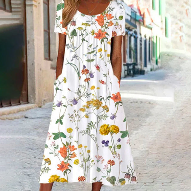 Mckenna Robe Fleurie Femme – Elegant, Short Sleeves & Round Neck for Spring/Summer
