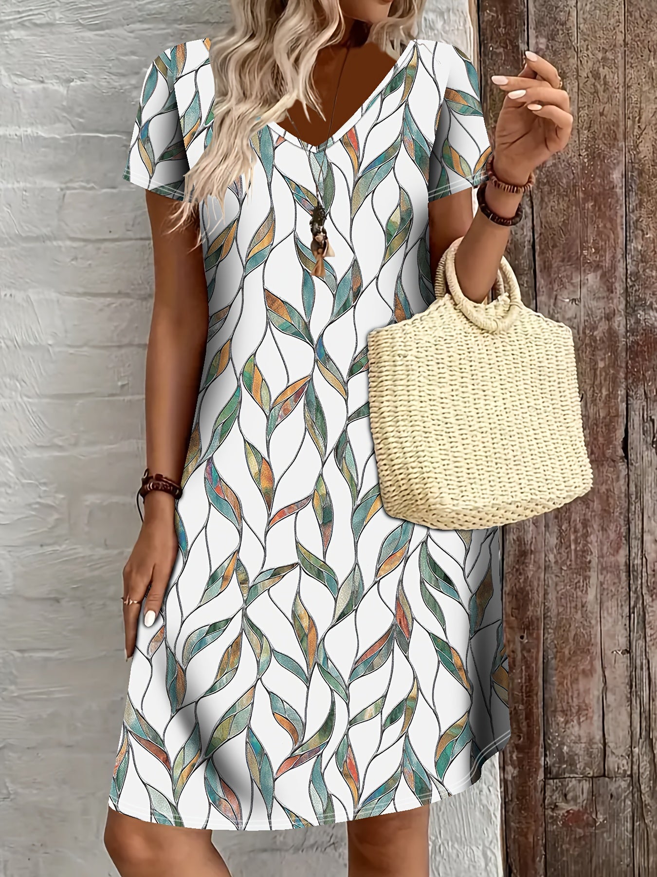 Holly Summer Dress for Women – Elegant Midi Dress with Leaf Print & V-Neckline