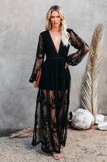 Long Dress Women Nemia – White Bohemian Lace Dress with Deep V-neck & High Slit