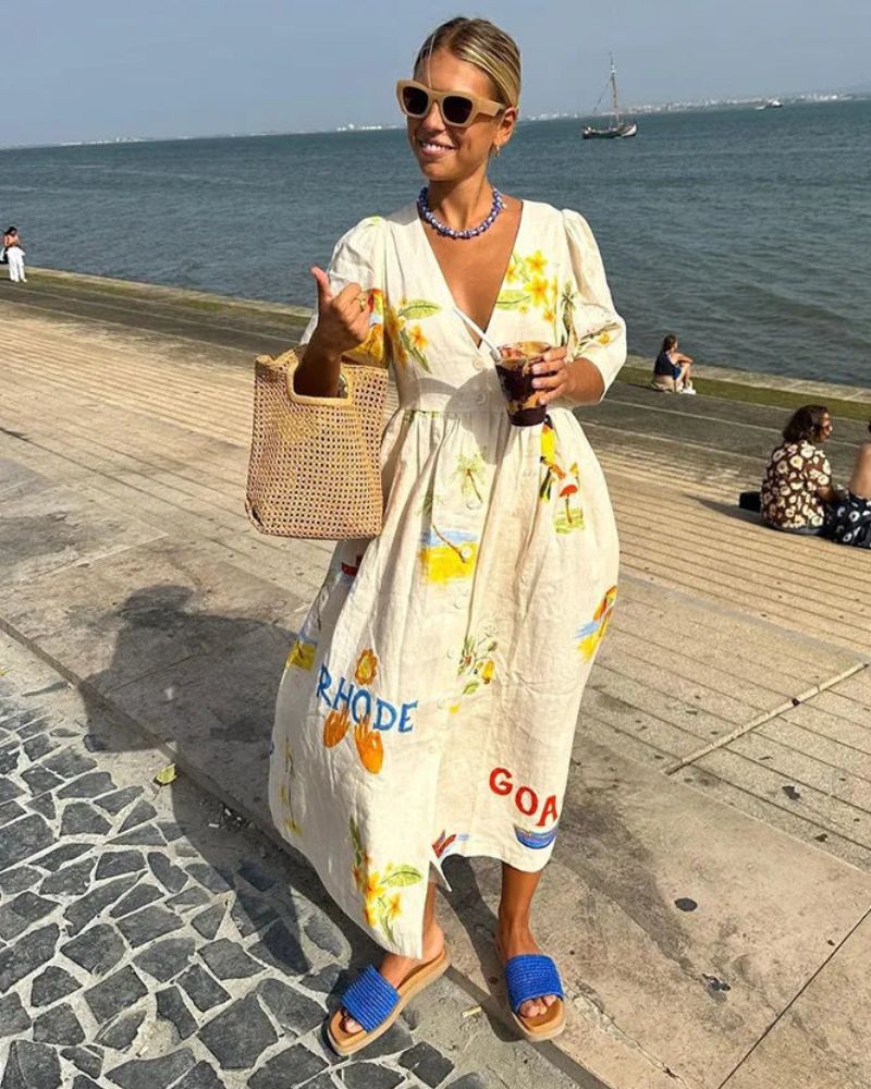 Linen Dress Women Ara – Midi Summer Dress with Colorful Print & Loose Casual Fit