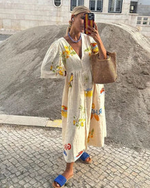 Linen Dress Women Ara – Midi Summer Dress with Colorful Print & Loose Casual Fit