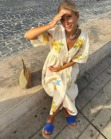 Linen Dress Women Ara – Midi Summer Dress with Colorful Print & Loose Casual Fit