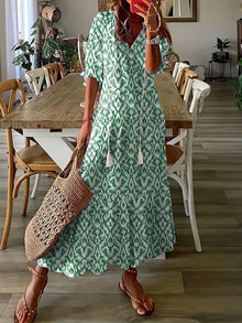 Bohemian Dress Woman Charm – Elegant Summer Dress with Ruffles with V Neck & Ikat Pattern