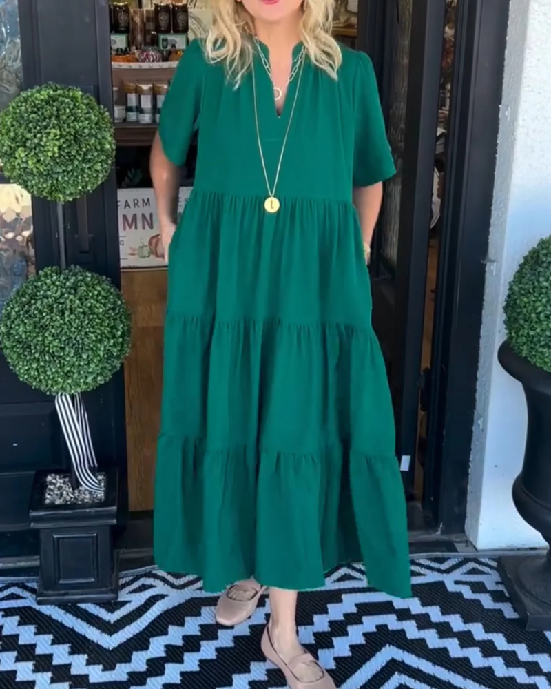 Long Dress Woman Magnolia – Summer Tiered Dress with V-Neck, Side Pockets & Comfortable Fit