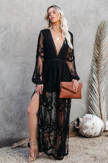 Long Dress Women Nemia – White Bohemian Lace Dress with Deep V-neck & High Slit