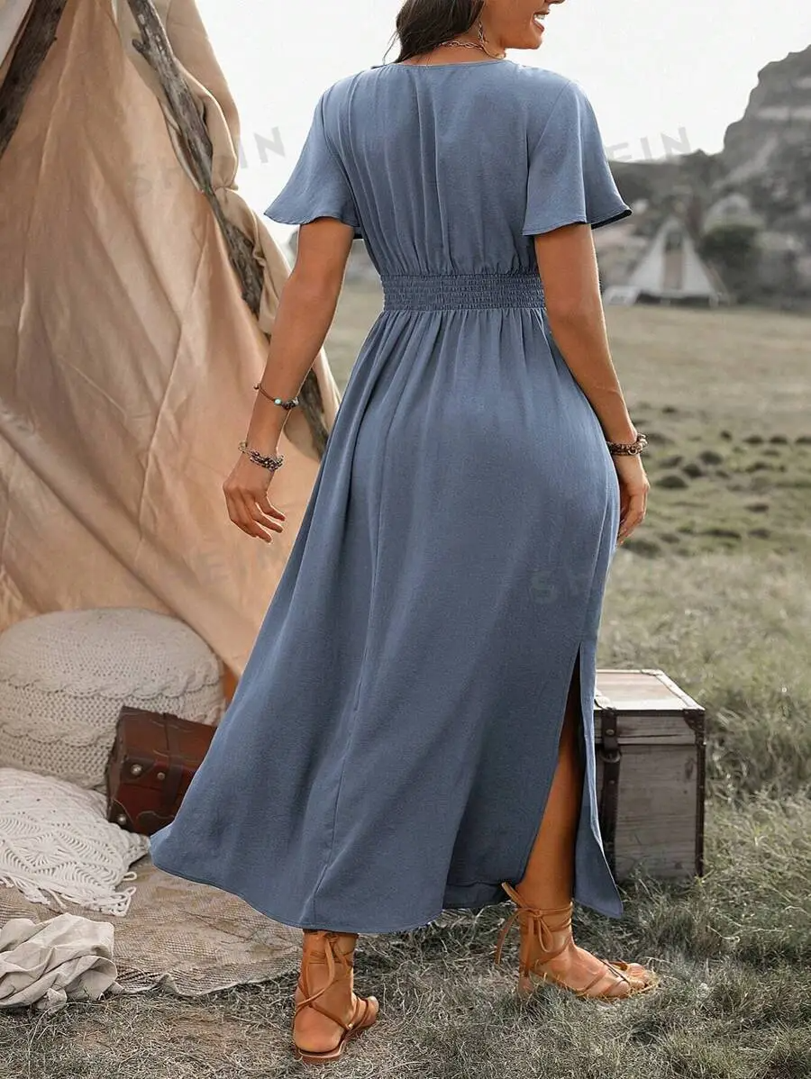 Vanessa Robe Maxi Woman – Long Black Dress with Smocked Waist & Elegant and Flowing Cut