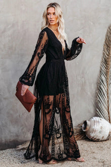 Delilah Long Dress Women – Bohemian Summer Dress with Lace, Deep V Neckline & High Slit