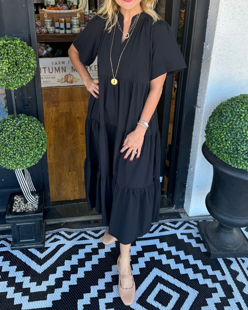 Long Dress Woman Magnolia – Summer Tiered Dress with V-Neck, Side Pockets & Comfortable Fit