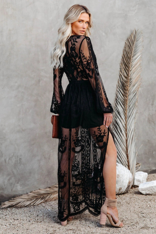 Long Dress Women Nemia – White Bohemian Lace Dress with Deep V-neck & High Slit
