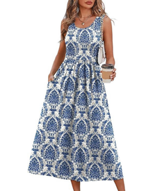 Taya Midi Dress for Women – U-Neck, Relaxed Fit & Pockets Summer Vacation