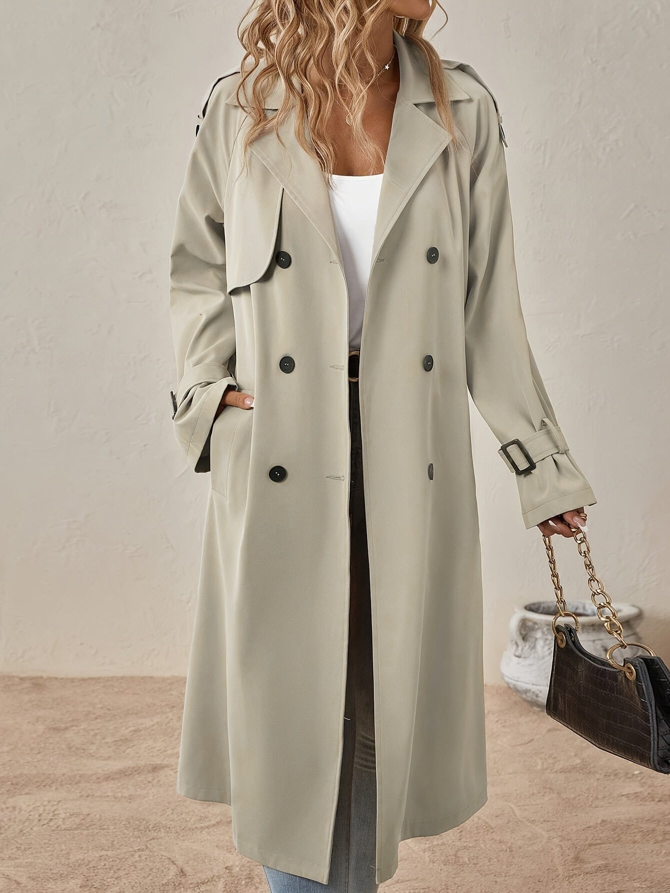 Eshita Trench for women – Elegant long coat in cotton blend with structured cut & button closure