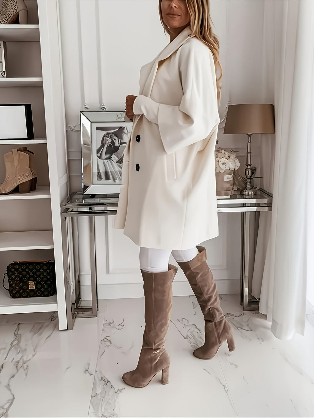 Vivienne Women's Apricot Coat – Elegant and Casual Fit with Classic Lapel Collar & Black Buttons