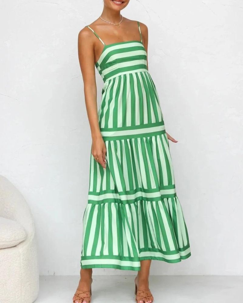 Summer Dress Women Viera – Striped Dress with Adjustable Straps, Pockets & Tiered Skirt