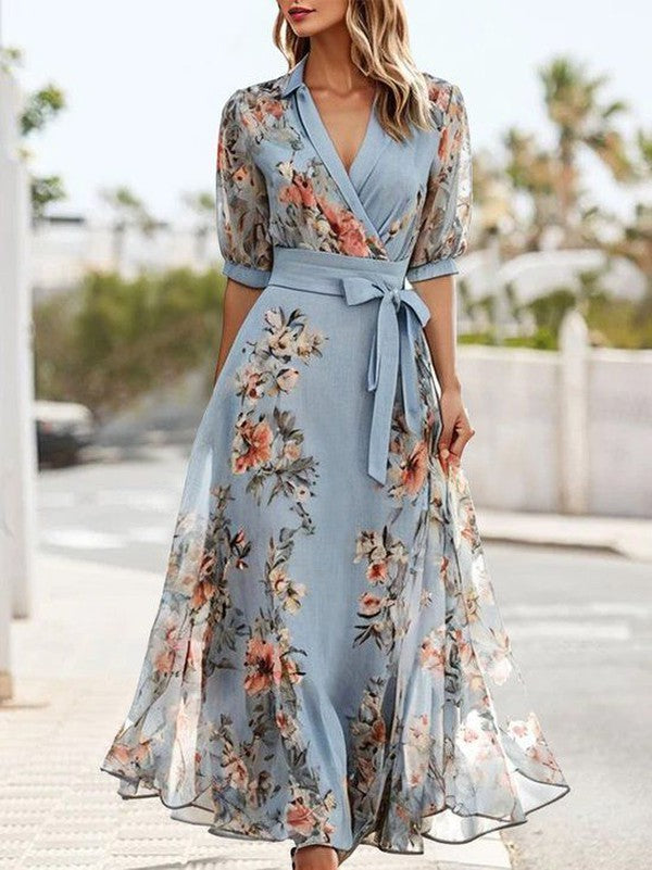 Aurelia Robe Midi Woman – Elegant Dress with Short Sleeves & V-Neck for Festive Occasions