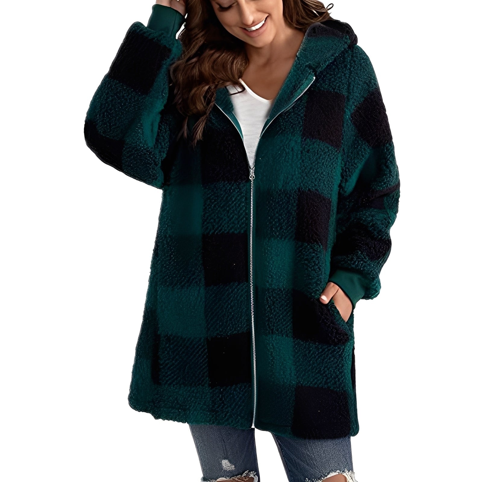 Madison Plaid Hoodie Jacket for Women – Soft and Warm Coat with Comfortable Fit and Trendy Plaid Design