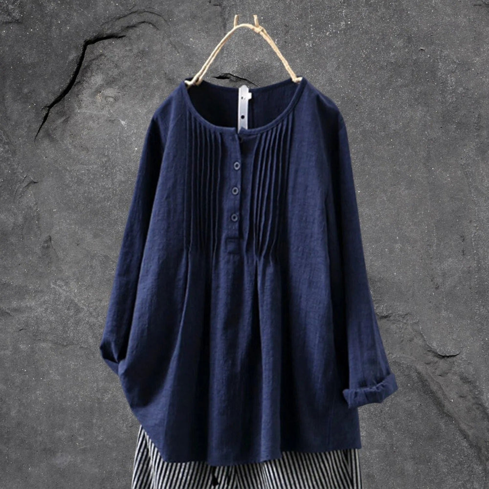 Allen Blouse Femme – Lightweight Blouse with Long or 3/4 Sleeves, Front Buttons & Structured Pleats Summer