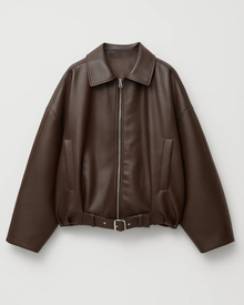 Nina Oversized Jacket for Women – Front Zipper, Built-in Belt & Modern Leather Style