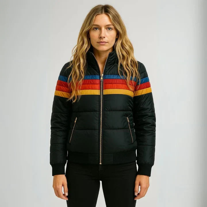 Scarlett Retro Women's Down Jacket – Multicolored Winter Coat with Hood and Zipper Closure