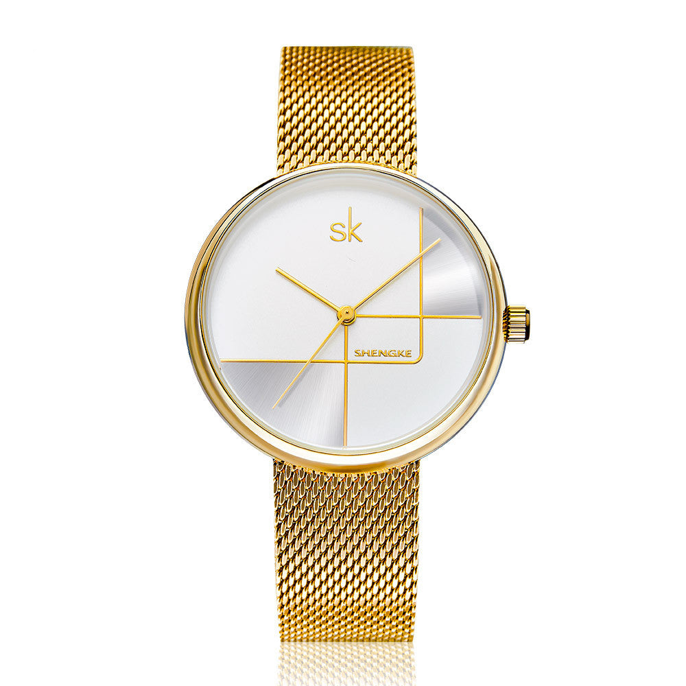 Women's Geometric Quartz Watch with Mesh Strap