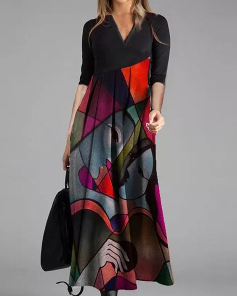 Robe Femme Nina – Elegant Flared Dress with Long Sleeves with Color Block Pattern & Refined Pleats