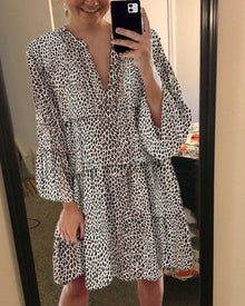 Avelyn Summer Dress Woman – Loose Dress with Leopard Print, Puff Sleeves & Elegant V Neck