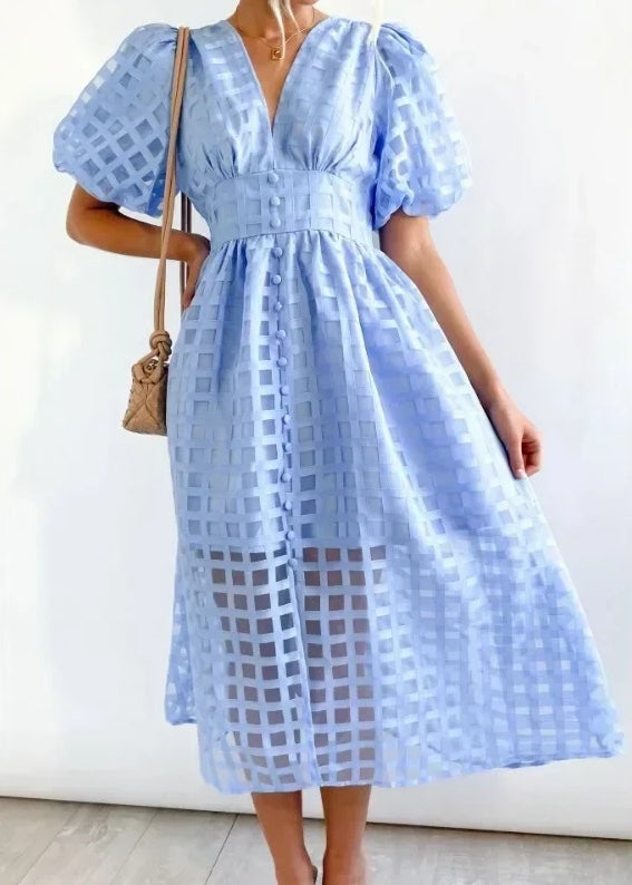 Mylene Midi Dress Woman – Chic Checkered Dress with Volume & Bright Color