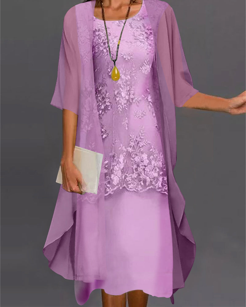 Ensemble Dress Woman Rishta – Elegant Two-Piece Dress in Chiffon with Lace, Patchwork & 3/4 Sleeves
