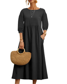 Flore Midi Dress Women – Breathable Cotton Linen, Round Neck, Lantern Sleeves, Summer Comfort