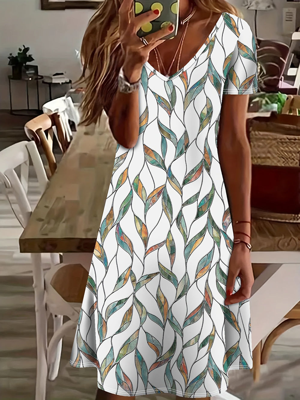 Holly Summer Dress for Women – Elegant Midi Dress with Leaf Print & V-Neckline