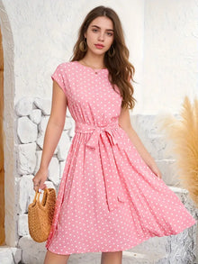Sarrah Pleated Dress Woman – Comfortable, Timeless Polka Dot Pattern & Flattering Cut