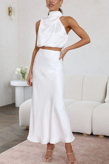 Annie Satin Set Woman – Elegant 2 Pieces Set with Long Sleeve Top & High Waist Flowing Pants